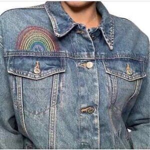 Old Navy Women’s XL Boyfriend Denim Jean Jacket Indigo Blue Rainbow Embroidered